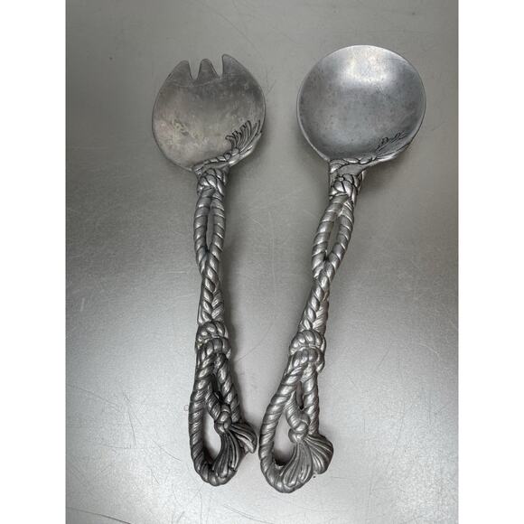 Vintage Arthur Court Pewter Nautical Rope Western Motif Salad Serving Set - Picture 1 of 5